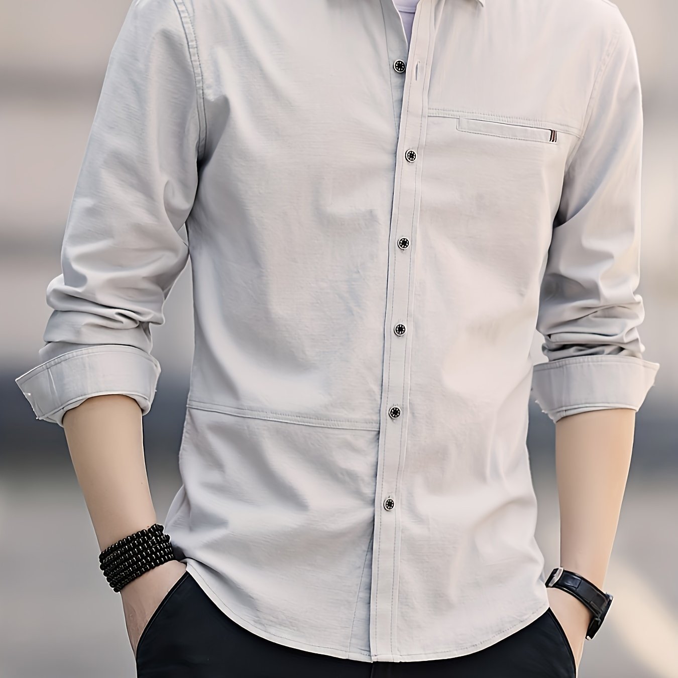 Men's Cotton Solid Long Sleeve Button Up Shirt for Casual Outdoor Wear