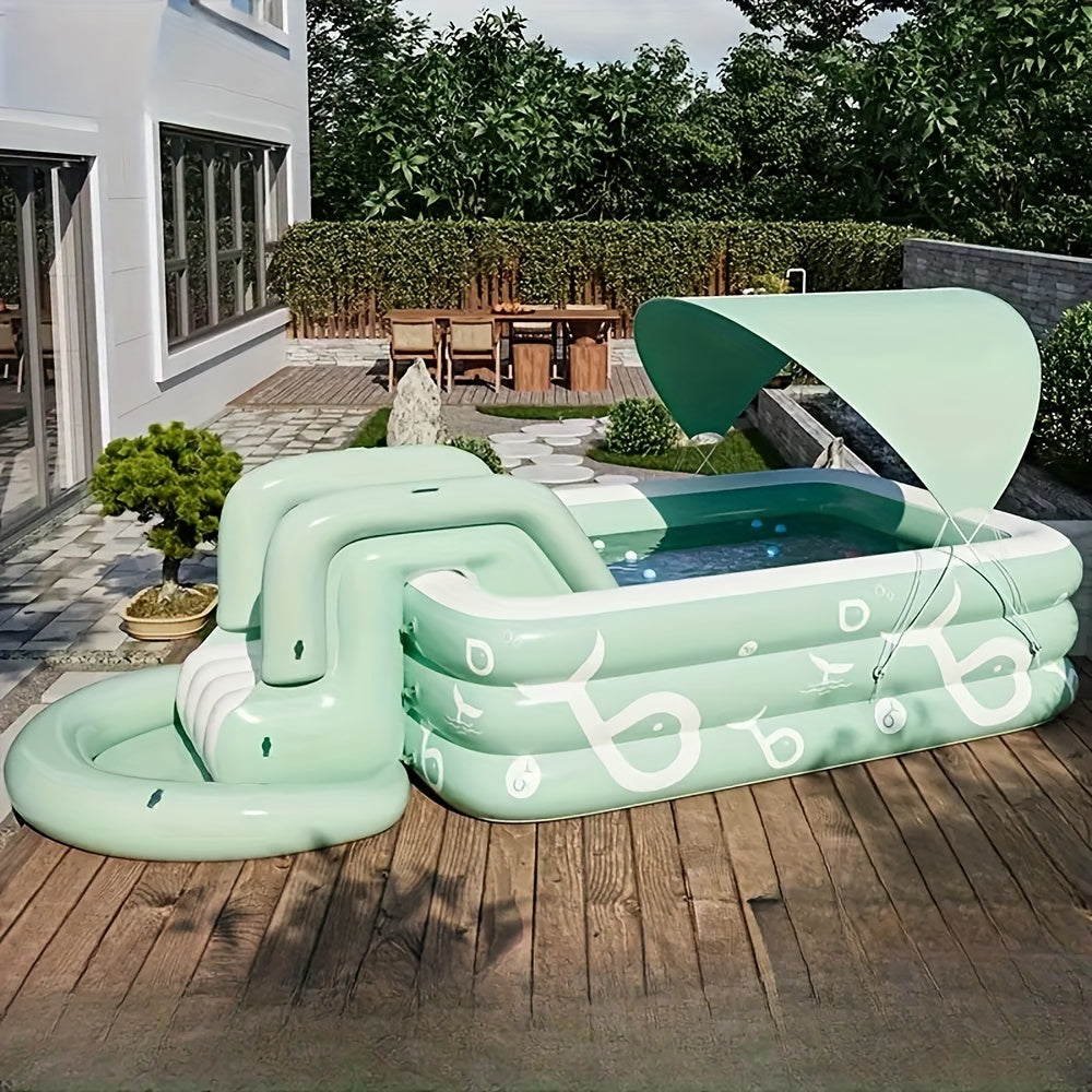 Inflatable Family Pool with Sunshade Slide and Foot Pump