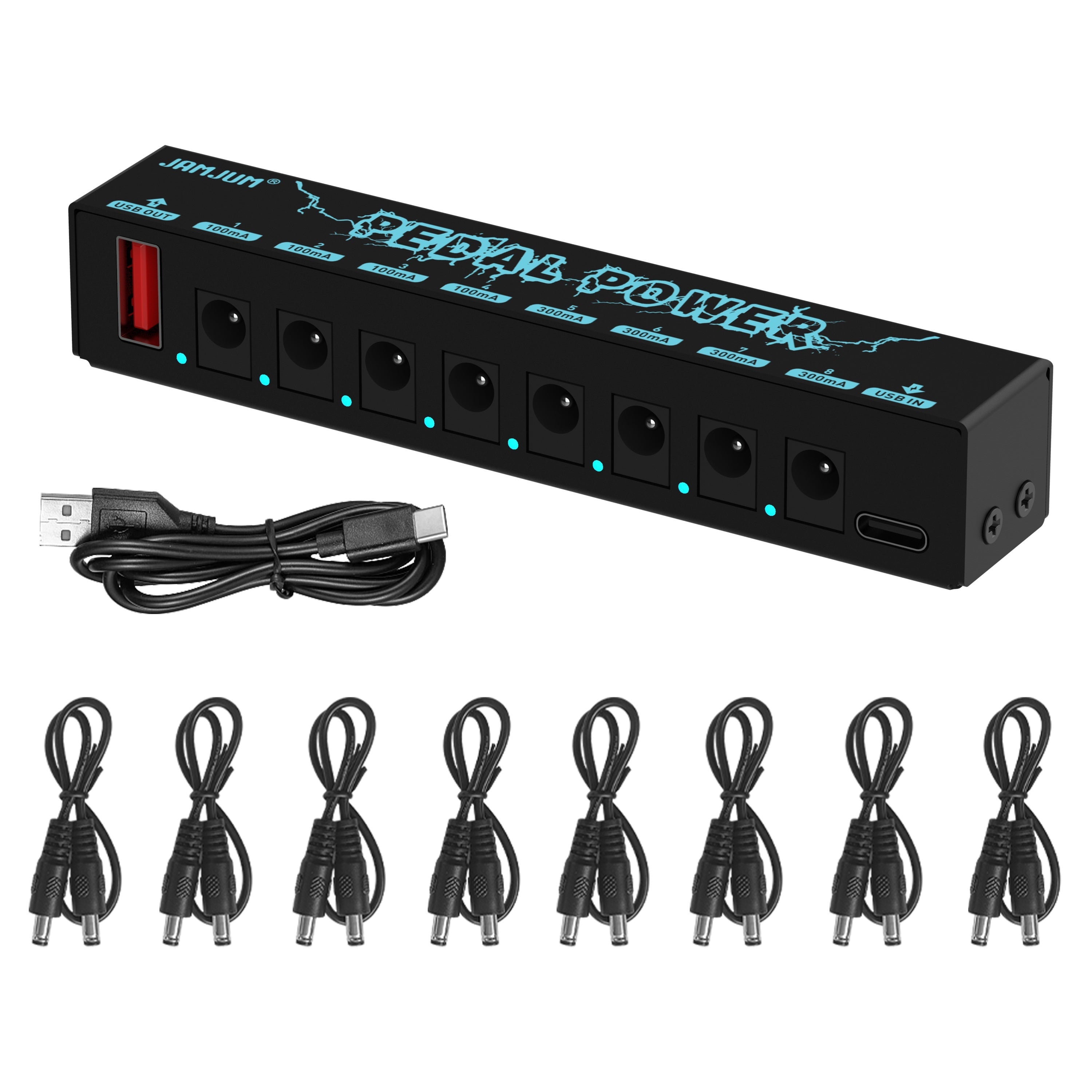 8 ta izolyatsiyalangan 9V kanallari, Type C kirishi, 8 ta DC chiqishi, 1 ta USB chiqishi va qisqa tutashuvdan himoya bilan portativ pedal quvvat manbai.