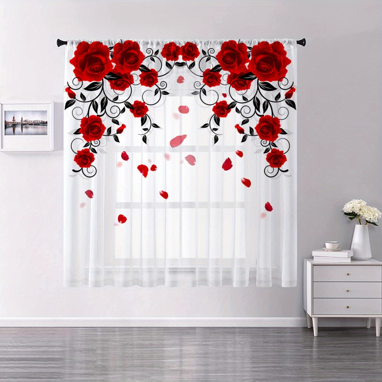 Red Rose Printed Curtain with Rod Pocket for Bedroom Living Room Kitchen Home Decor