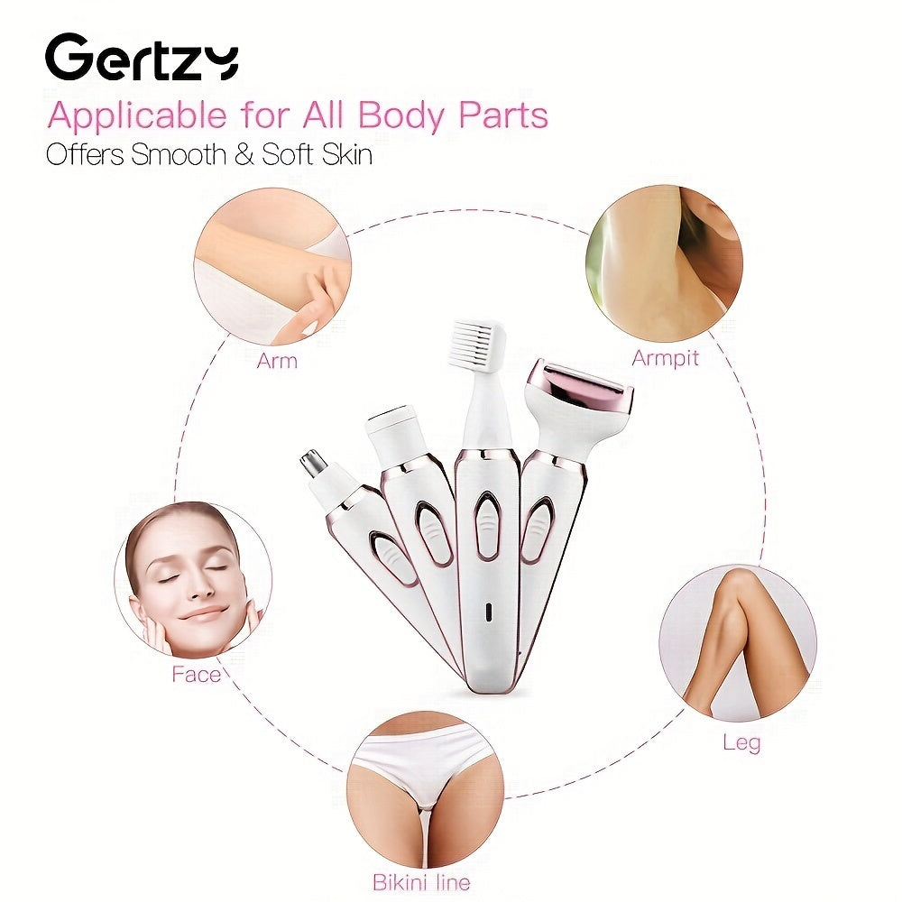 4-in-1 qayta zaryadlanadigan elektr qirrash mashinasi ayollar uchun, yuz, burun, oyoqlar, qo'ltiq osti va bikini zonasiga mos keladi. Nam yoki quruq holda ishlatilishi mumkin, og'riqsiz parvarish to'plami, portativ va qayta zaryadlanadigan.