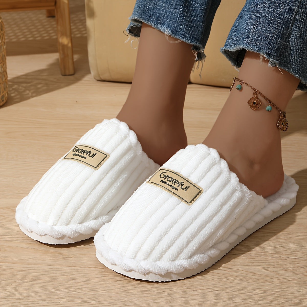 Women's Slip-On Slippers Vertical Stripe Soft Fabric Indoor Outdoor
