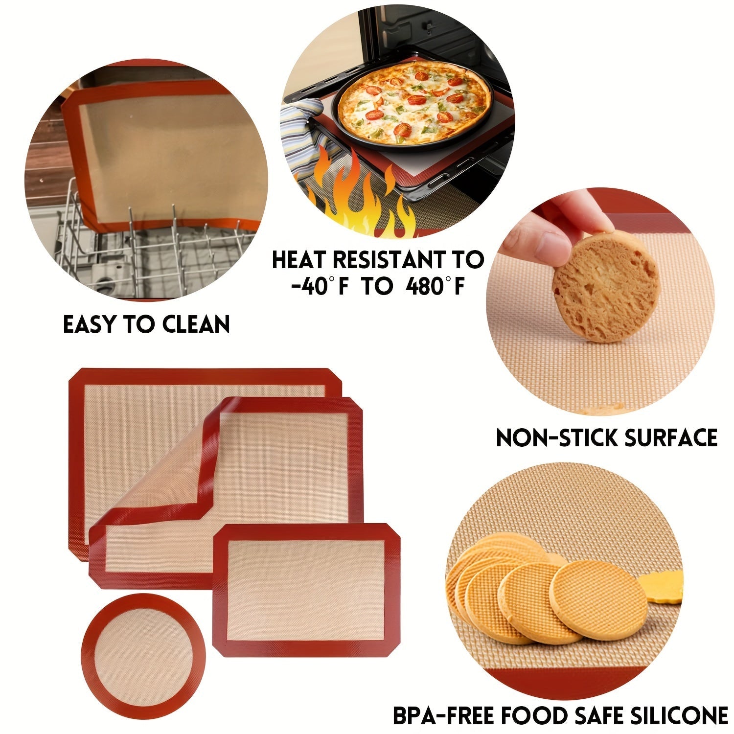 Set of 4 Food Grade Non-Stick Silicone Baking Mats for Cookies and Pastry