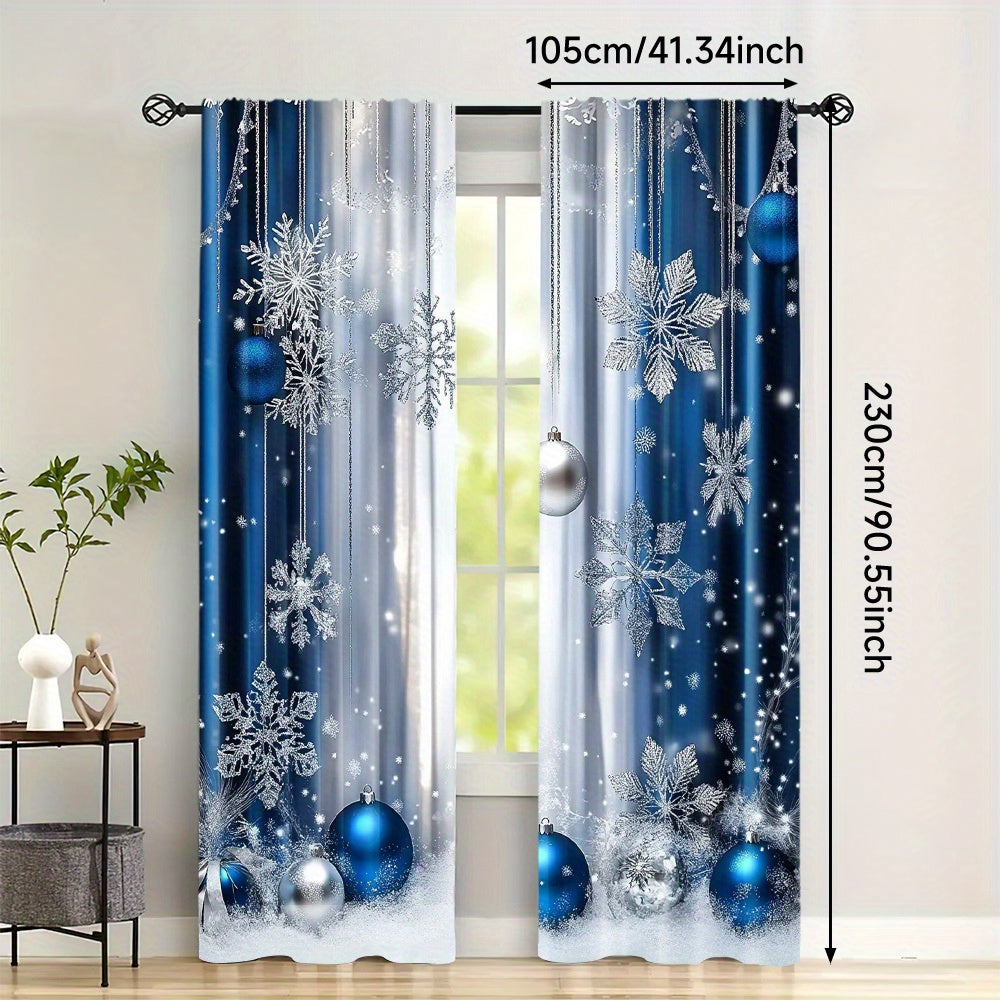 Blue Festive Curtain Set Includes 2 Polyester Digital Printed Rod Pocket Drapes for Living Room Kitchen Dining