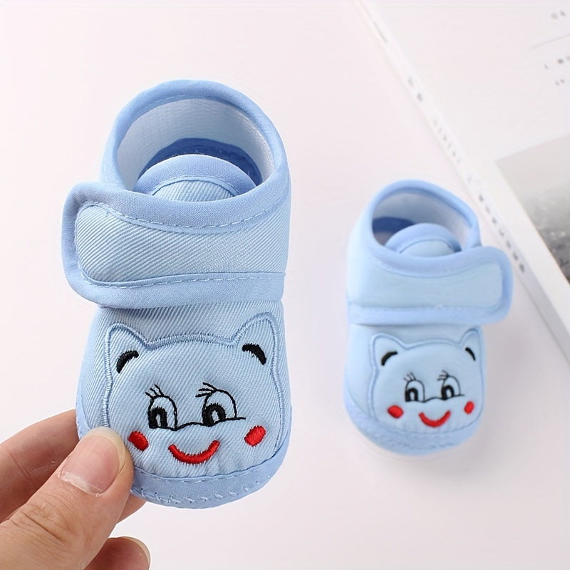 Baby Toddler Light Blue Cartoon Face Non-Slip Fabric Walking Shoes for First Steps