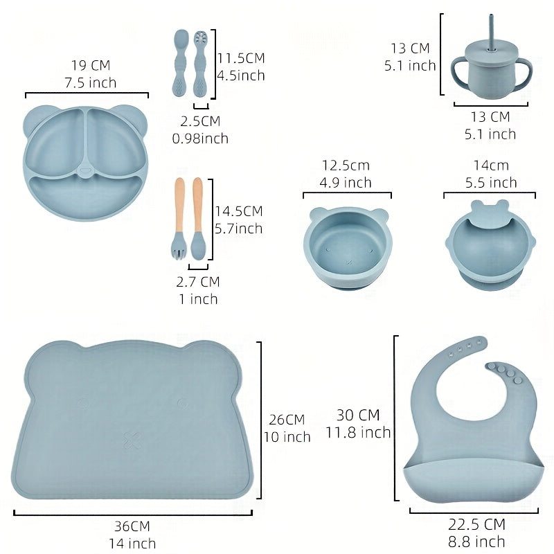 Kids Silicone Dinnerware Set 10 Pieces Bear Theme Plates Bowls Spoons Forks Bibs