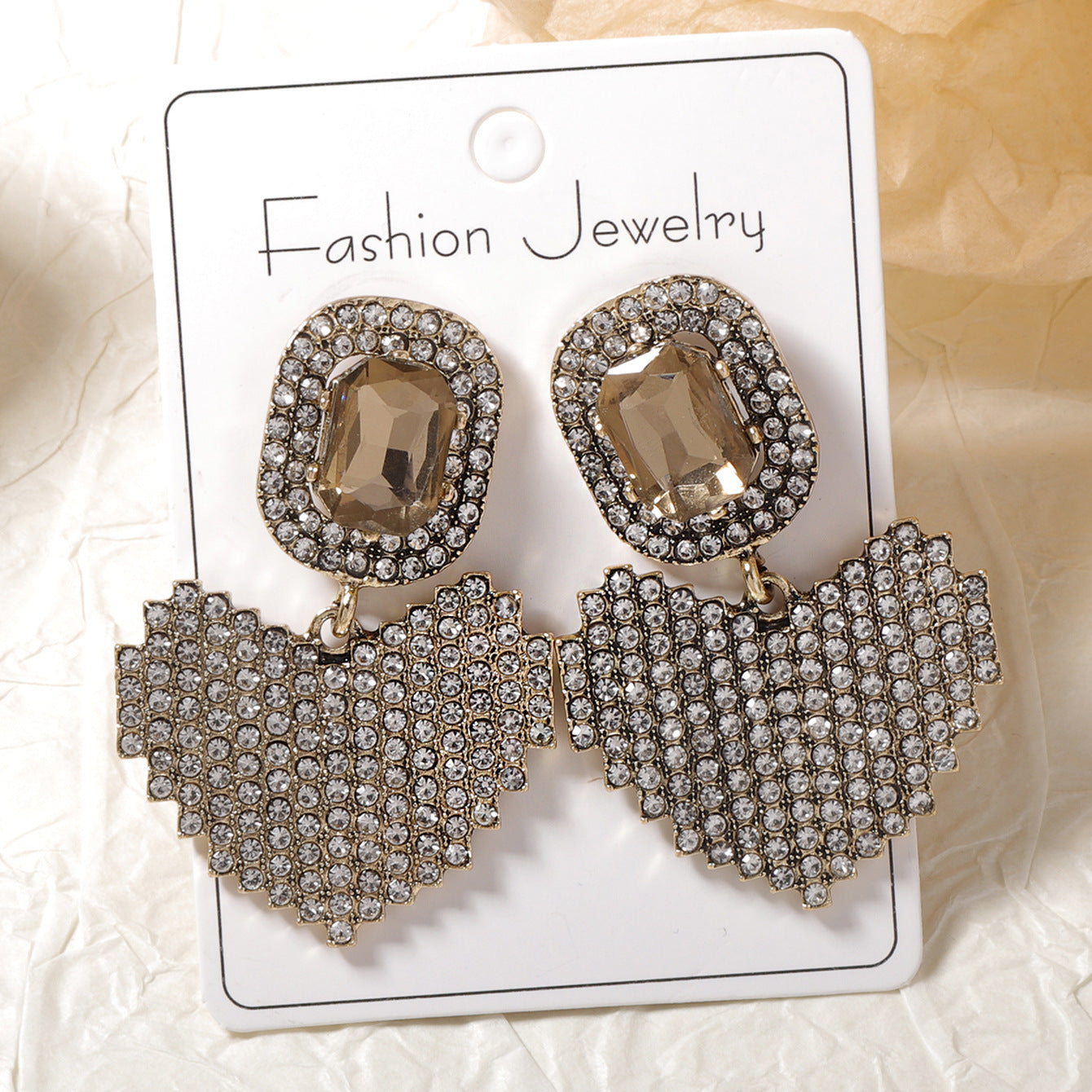 Heart-Shaped Alloy Drop Earrings with Rhinestones for Boho Style