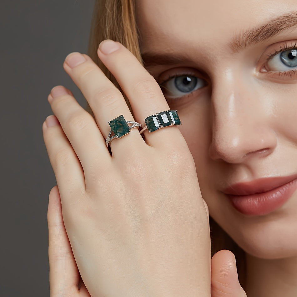 Sterling Silver Ring with Moss Agate Square 6x8mm June Birthstone Jewelry for Women