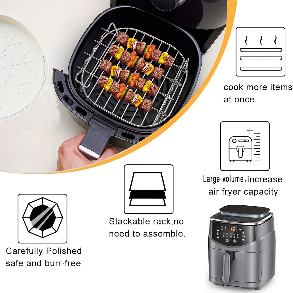 7 ta Stainless Steel Air Fryer Accessories to'plami, Grill Rack, 4 ta Skewer va 2 ta Silikon Pishirish Yostiqlari bilan. Oziq-ovqat uchun xavfsiz, Grill, Pishirish va Mikrotolqinli pechda pishirish uchun ideal. Muhim oshxona asboblari bilan to'liq.