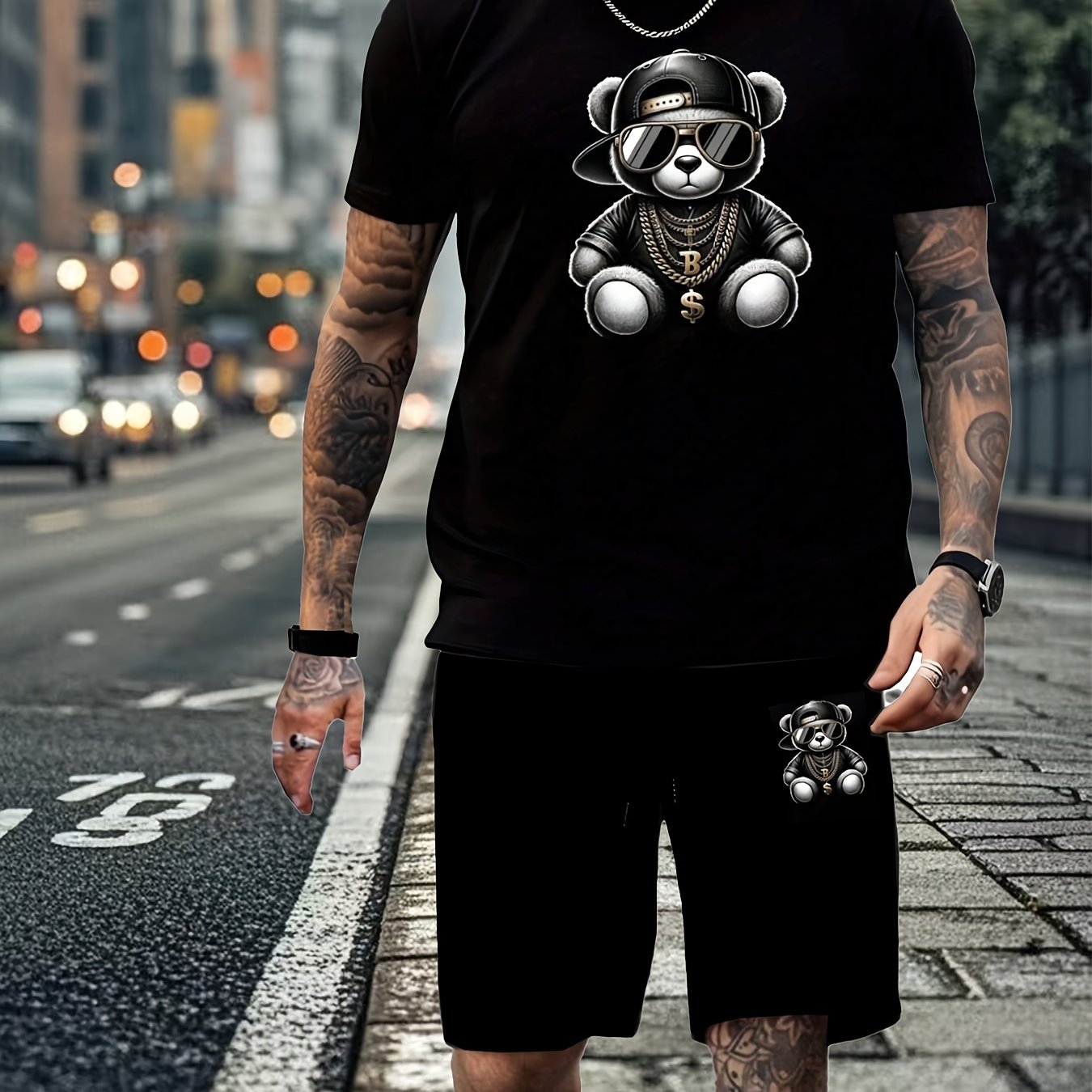 Men's Cartoon Bear Print Pajama Set Short Sleeve Shorts Knit Sleepwear All Seasons