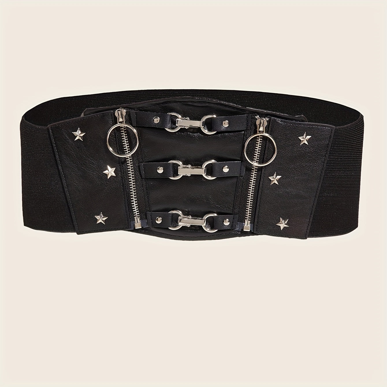 Ретро стильное широкое корсетное изделие из черной кожзаменителя с заклепками, молнией и металлической пряжкой