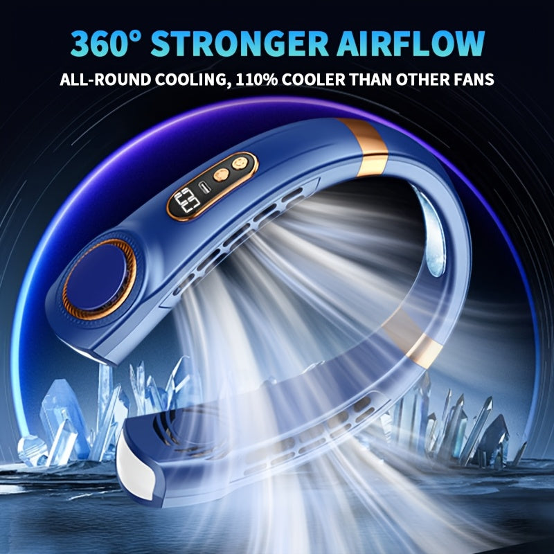 Portable Neck Fan 2-in-1 Bladeless USB Rechargeable 5 Speeds Digital Display Indoor Outdoor