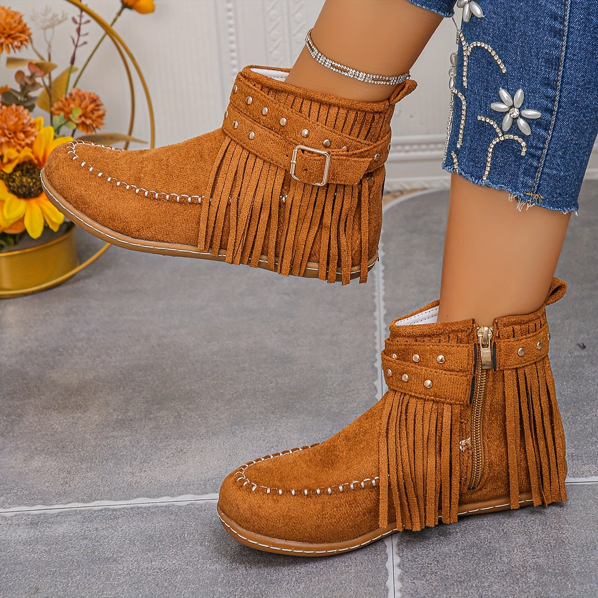 Women’s Short Boots With Tassel Decor, Side Zipper, Comfortable Winter Boots