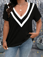 Women's Plus Size V-Neck Short Sleeve T-Shirt Black White Contrast Trim