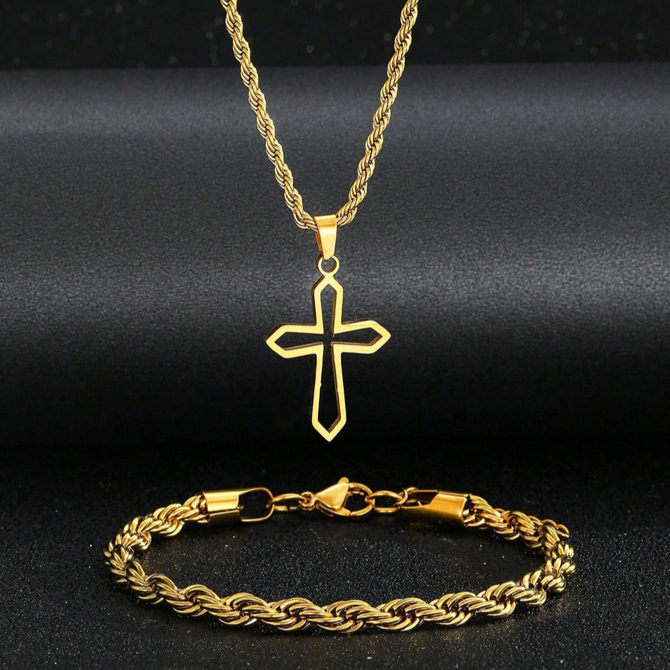 Conjunto de joyería bohemia: collar con colgante cruz y pulsera, plateados en oro de 18K, acero inoxidable hipoalergénico para bodas, fiestas y uso diario