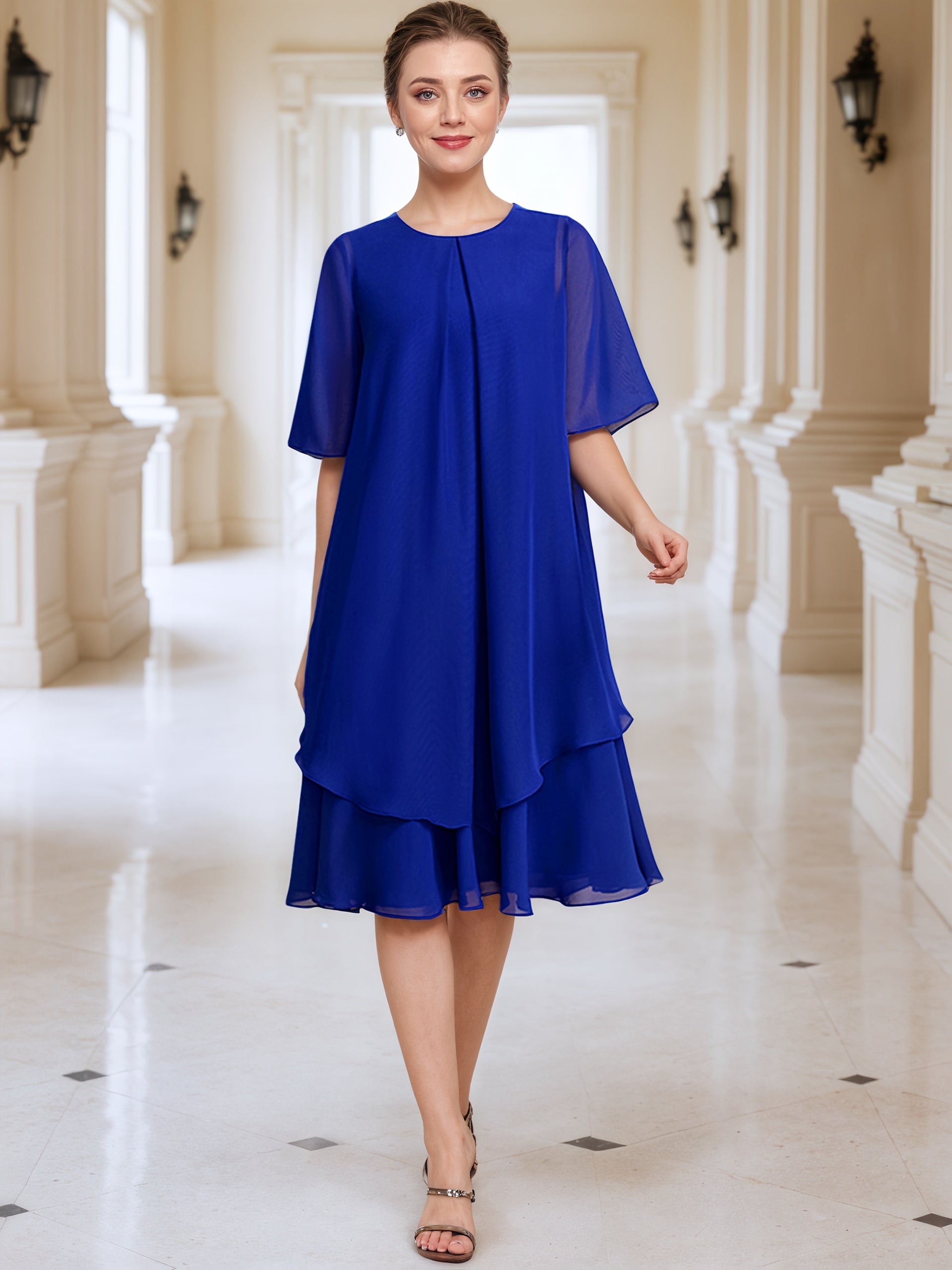 Plus Size Chiffon A-Line Knee-Length Bridesmaid Dress Royal Blue Spring Summer Fall