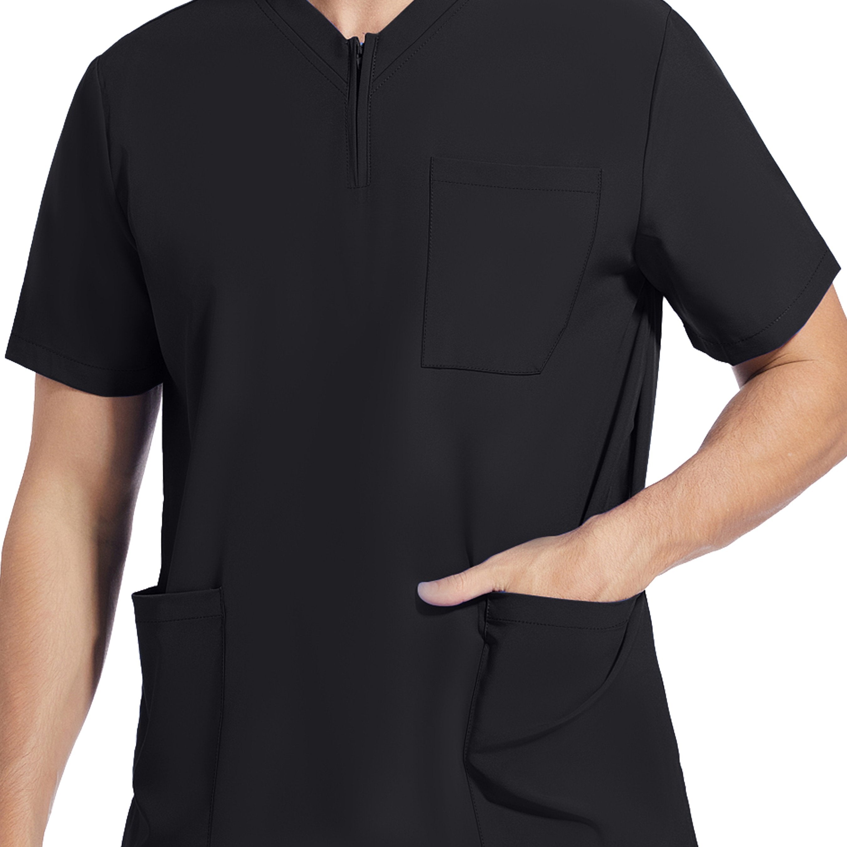 Men's Short Sleeve Stretch Work Uniform Lab Shirt with Pockets V-Neck Polyester
