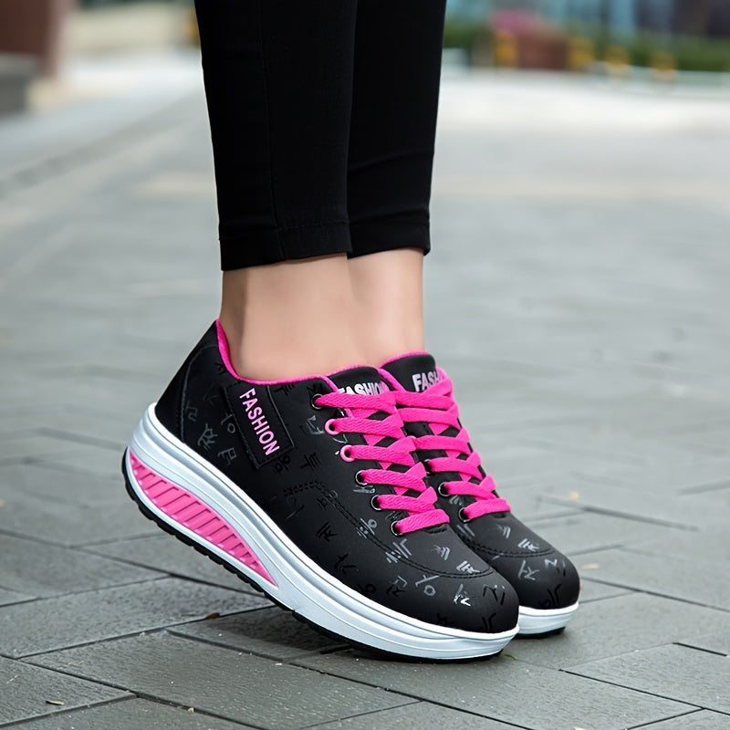 Women’s Fashion Sneakers Black with Pink Laces Lightweight Slip-Resistant Walking Shoes