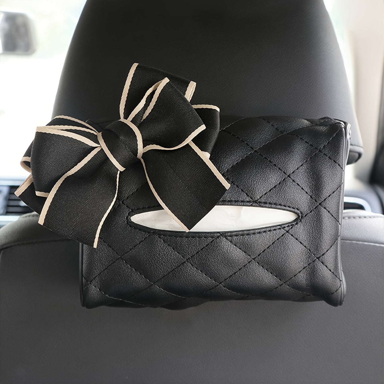 Car Interior Tissue Holder Black PU Leather Storage Bag Decorative