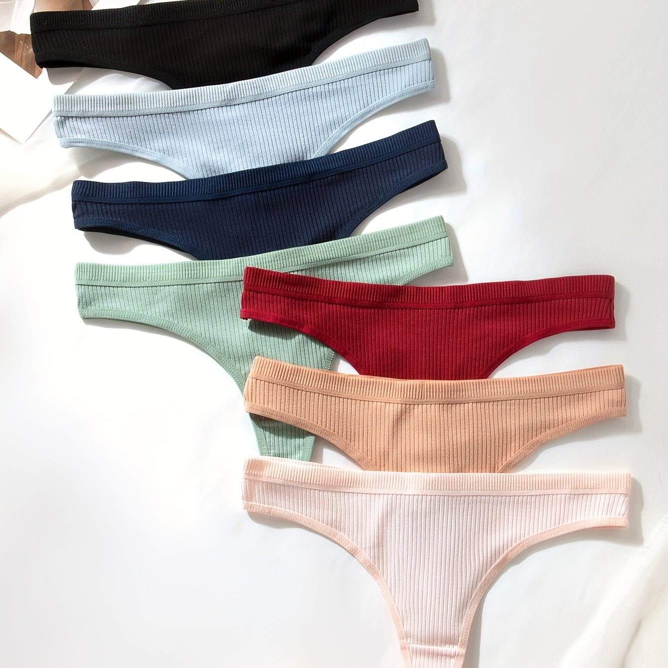 7-Pack Women's Ribbed Solid Color Thongs Polyester Blend Casual Underwear