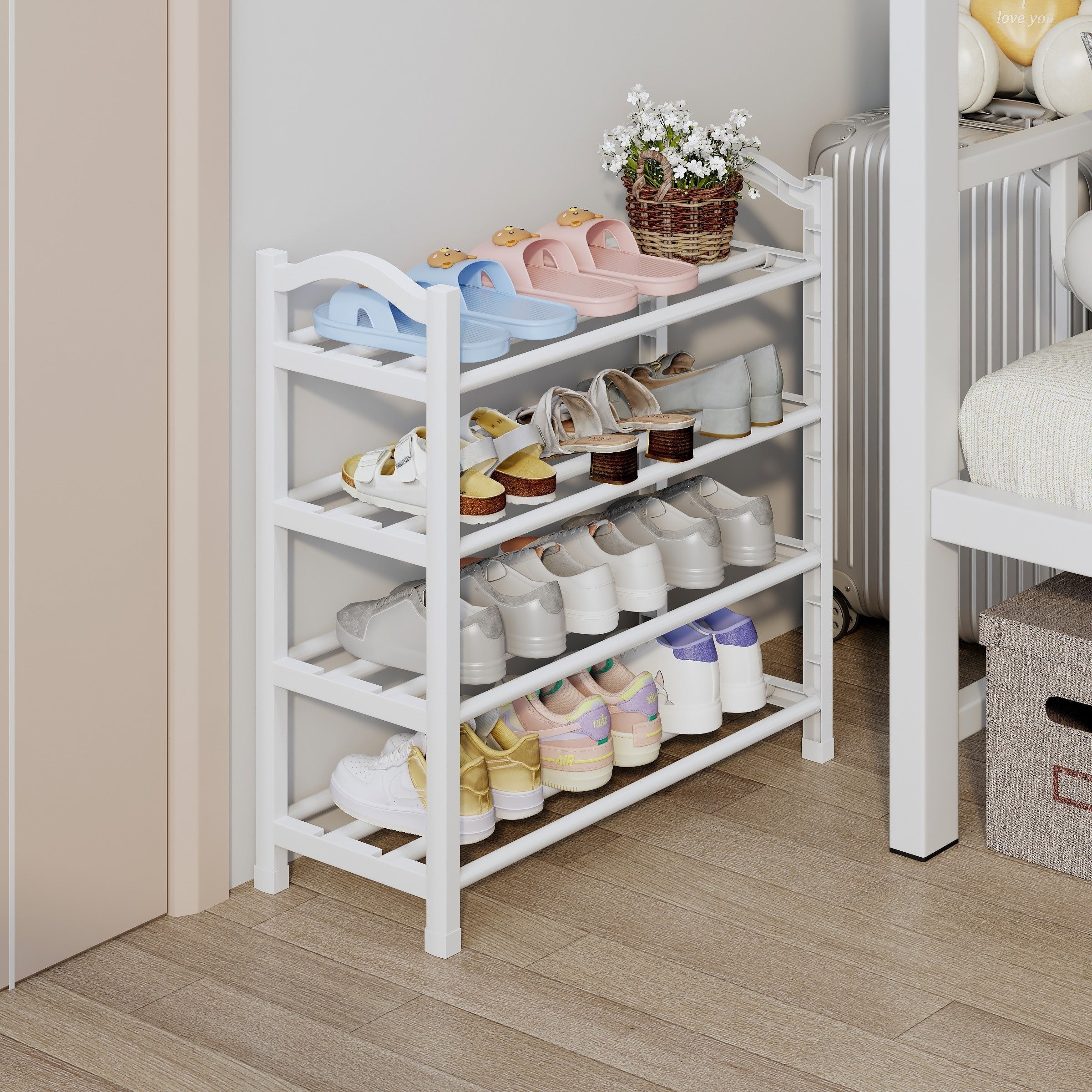 Kompakt 4-qavatli poyabzal tashkilotchisi, kirish joylari va shkaflar uchun yupqa qavatli saqlash