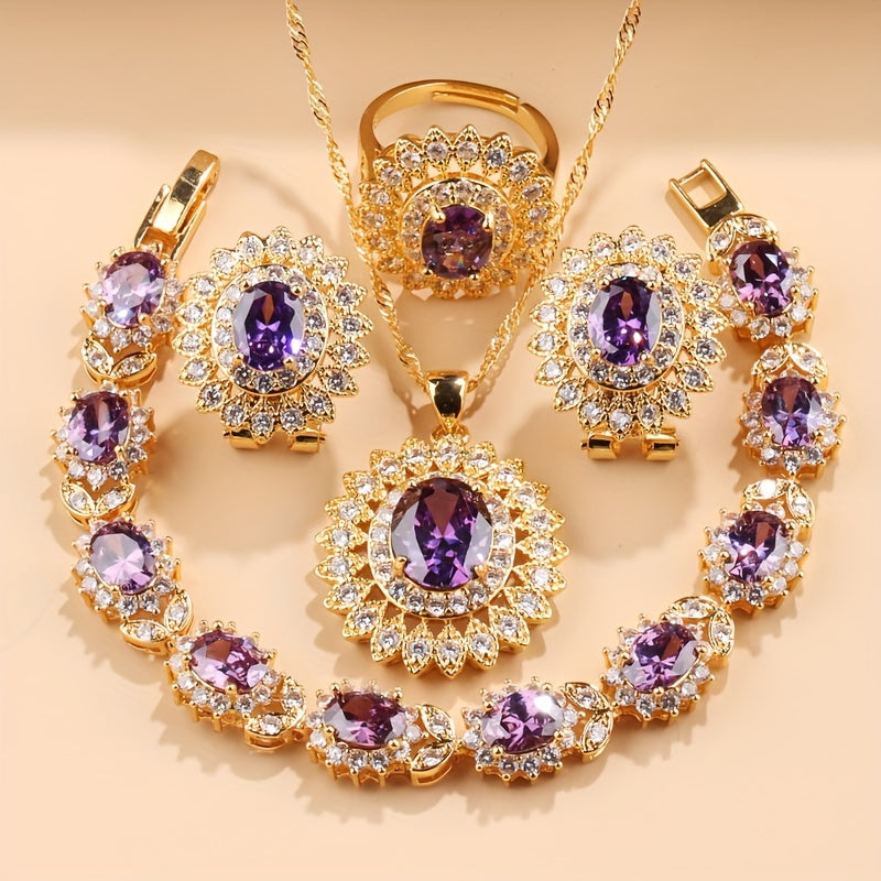 Sunflower Jewelry Set for Women 5-Piece Cubic Zirconia Necklace Earrings Ring Bracelet Gift