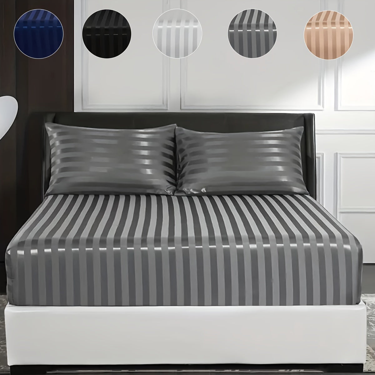 Set of 2 or 3 Polyester Fitted Sheets with Pillowcases Solid Color Striped Breathable Soft