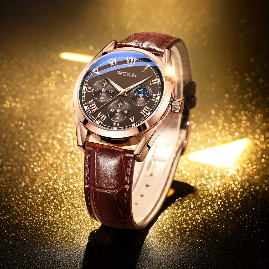 Men's Business Watch Sports Design Quartz Movement Synthetic Leather Band Durable Alloy Casing