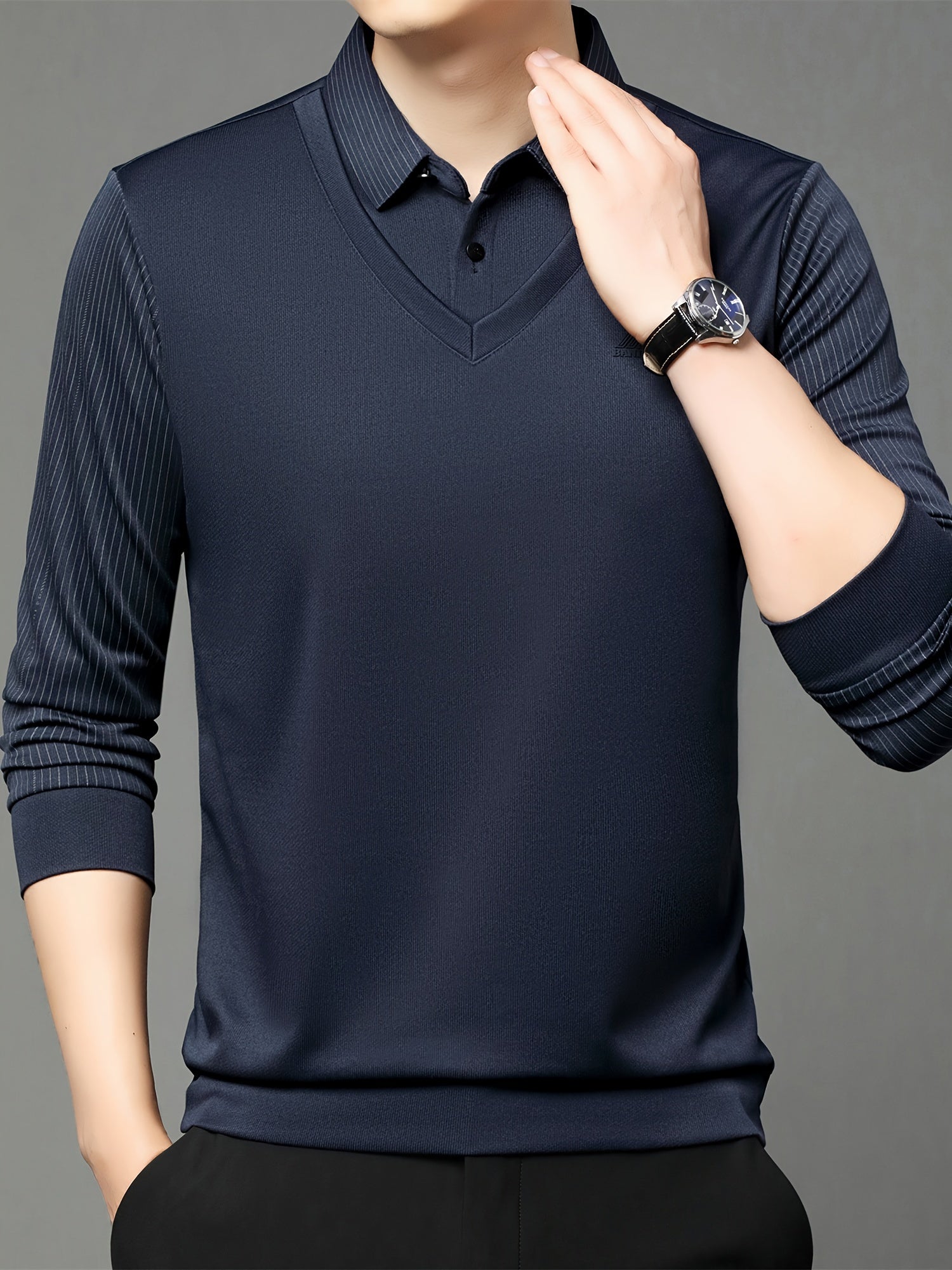 Camisa de golf de rayas para hombre de manga larga con solapa, casual, para primavera, otoño y actividades al aire libre