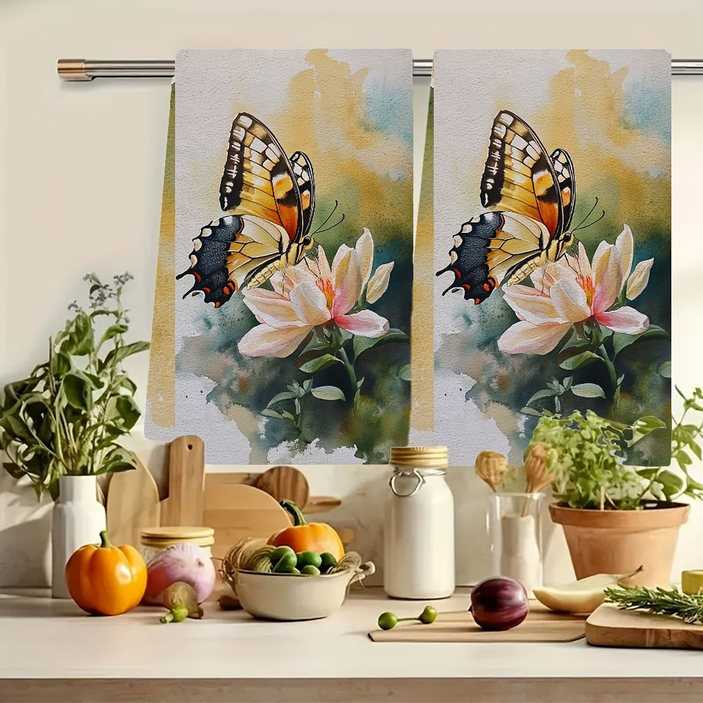 Set of 2 Ultra Soft Kitchen Towels 40x60cm Butterfly Flower Design Highly Absorbent