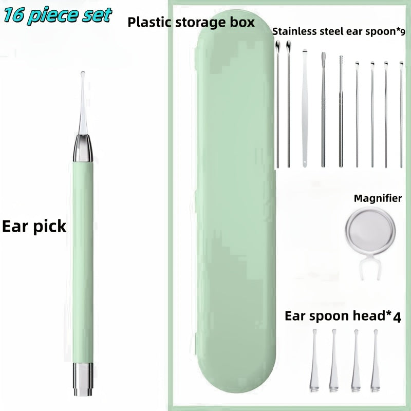Набор инструментов для чистки ушей из 16 предметов с LED-подсветкой, мягкие ушные ложки для взрослых