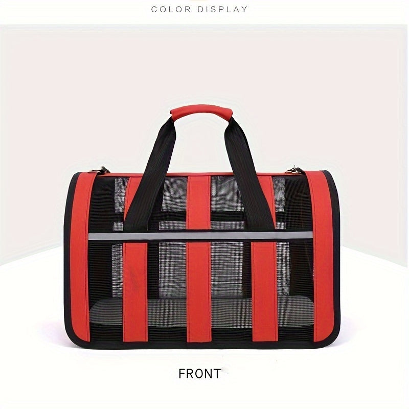 Портативная сумка для переноски домашних животных с сетчатыми окнами, прочный полиэстер, застежка на молнии, складной дизайн и плечевой ремень для путешествий с кошками и собаками.