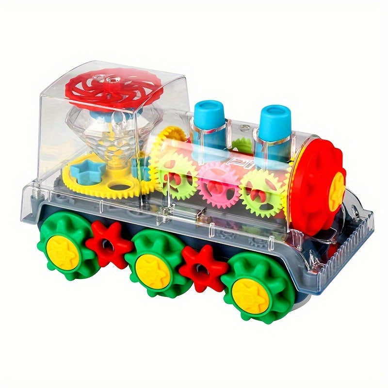 Interactive Red Plastic Toy Train with Lights Music Gear Linkage Rotating Station