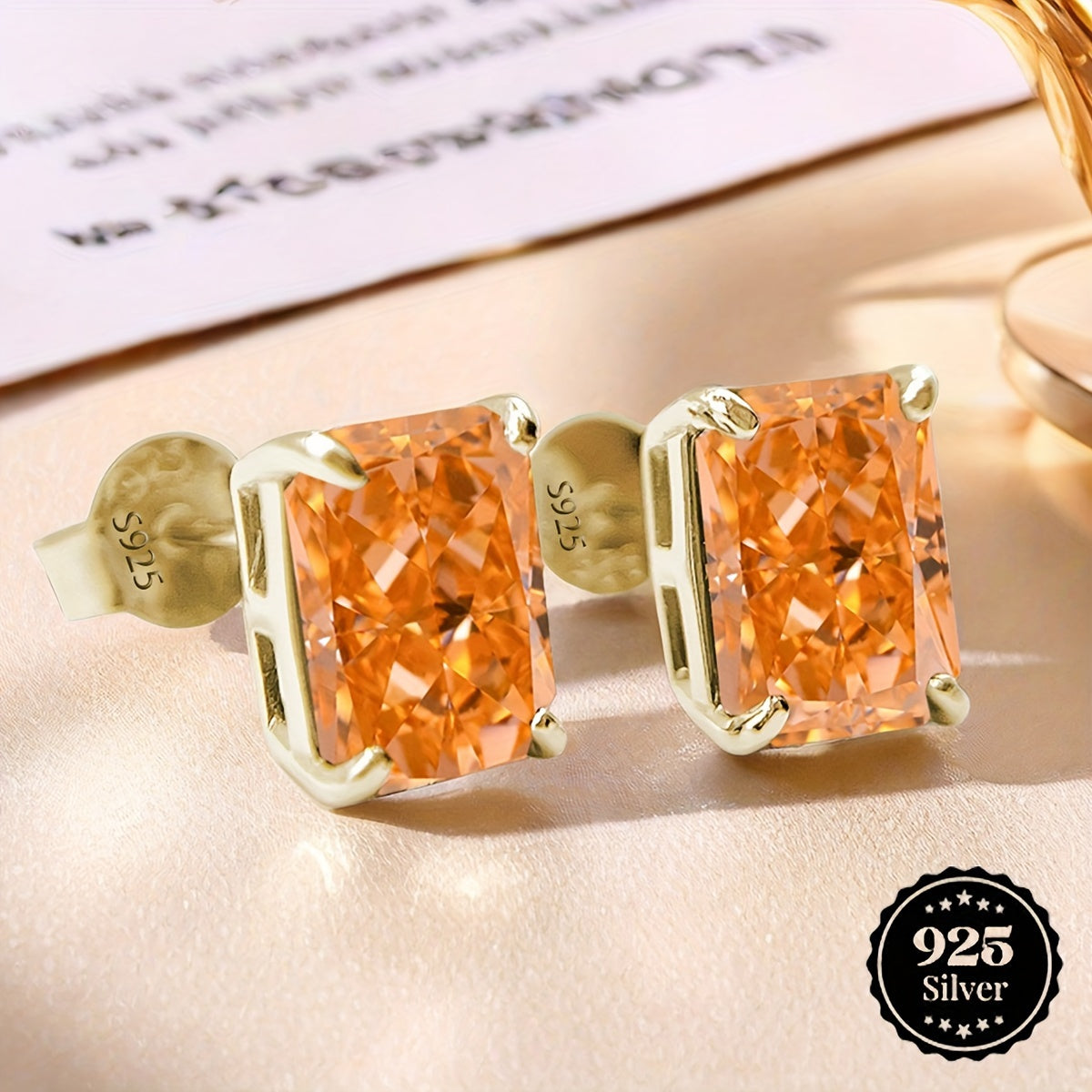 Pendientes de aro de morganita naranja de 8x10mm en plata con zirconia sintética rectangular, joyería