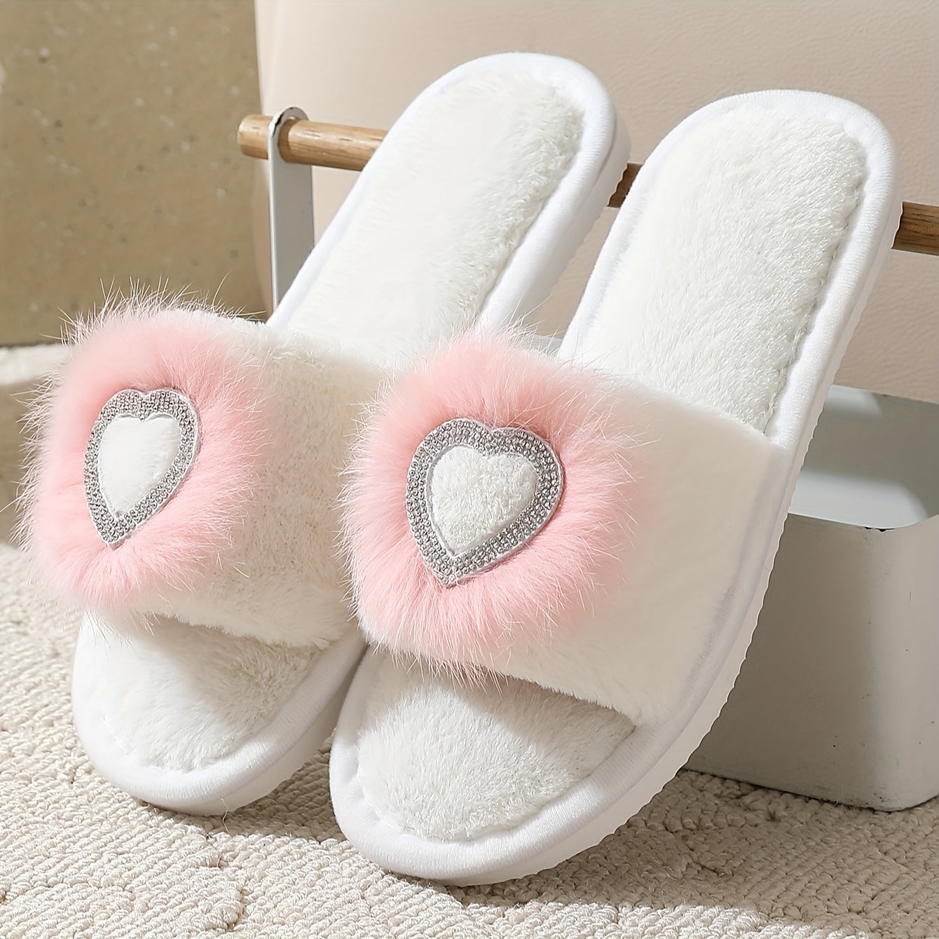 Glam Rhinestone Heart Slippers Indoor Plush Slip-Ons EVA Sole Winter Solid Color Fabric