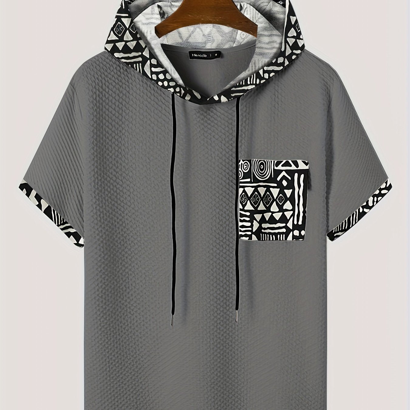 Men's Plus Size Casual Hooded T-Shirt with Geometric Print Lightweight Polyester Gray
