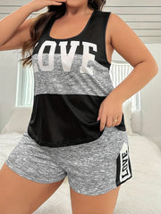 Plus Size Women's Loungewear Pajama Set with Patchwork Love Letter Pattern