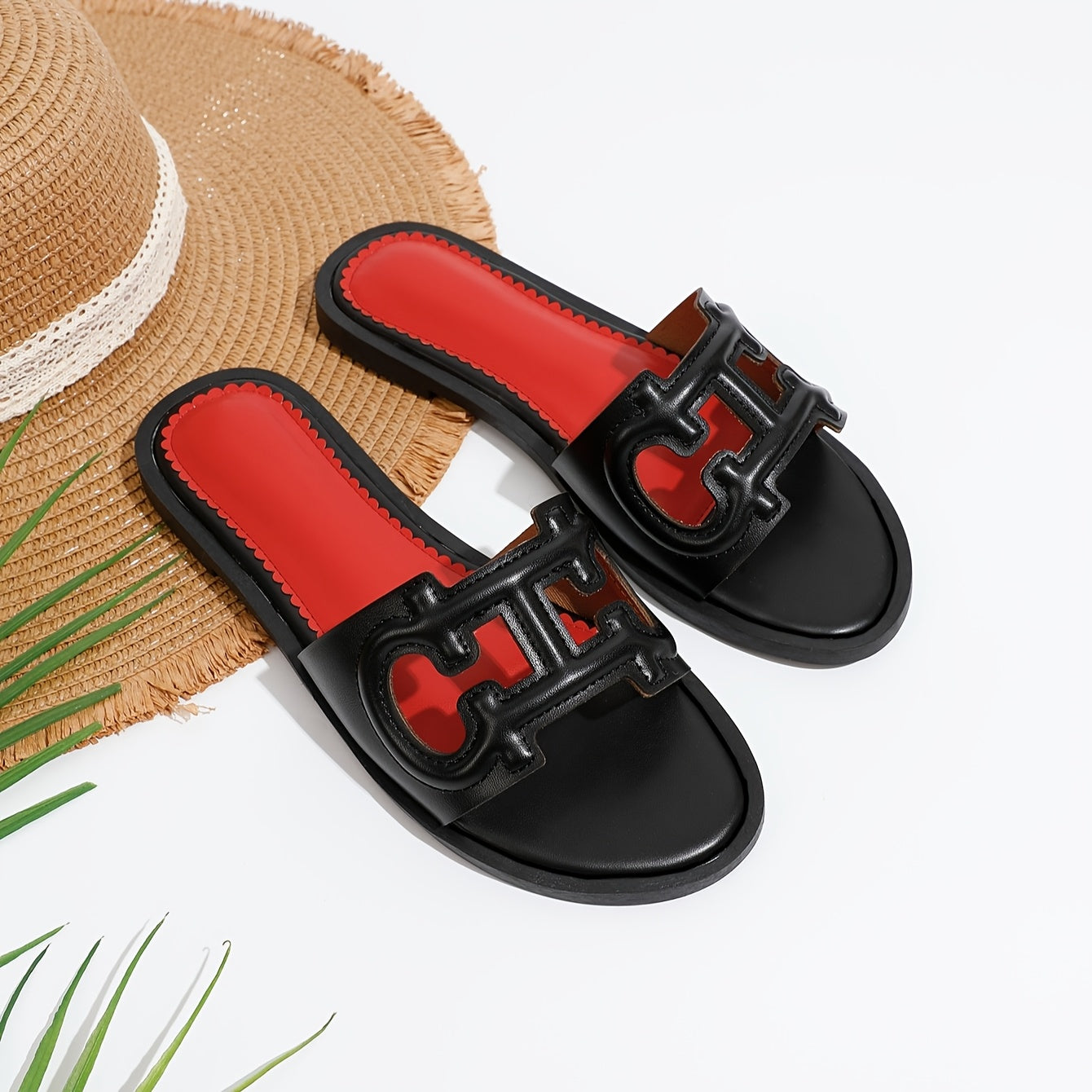 Women's Summer Slip-On Slippers Black PU Open-Toe Flat Casual