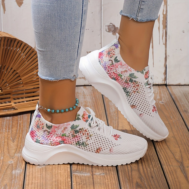 Zapatillas de punto con estampado floral para mujer, zapatillas de correr de caña baja con cordones