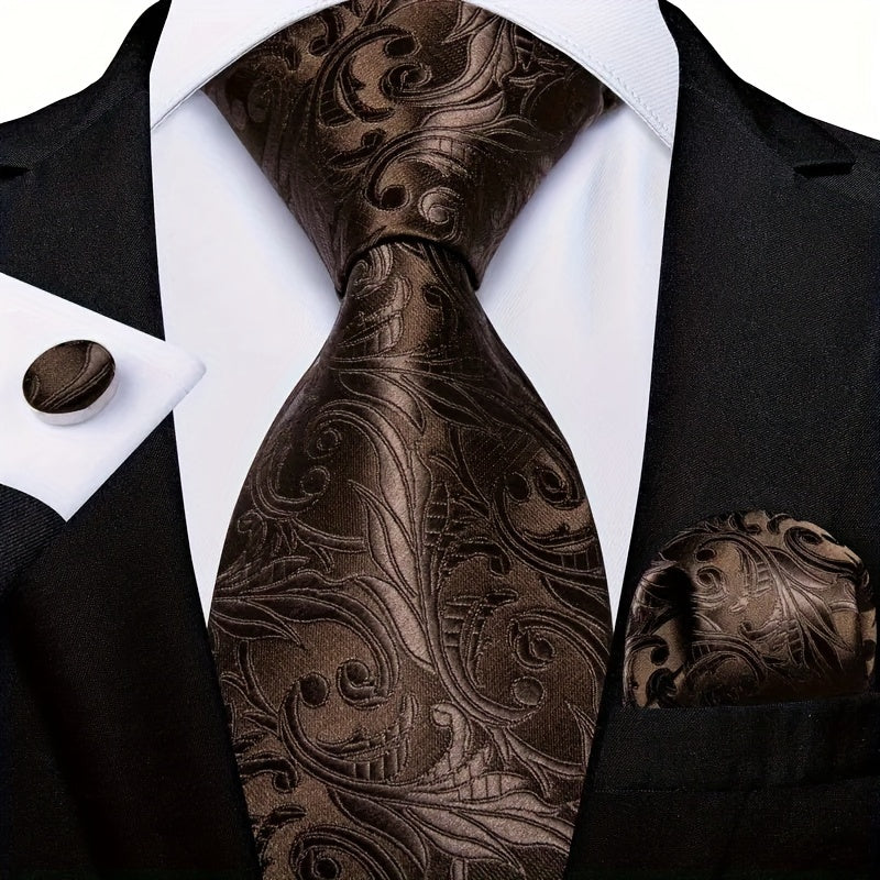 Men's Polyester Necktie Set with Woven Paisley Pattern and Matching Cufflinks for Business and Formal Wear