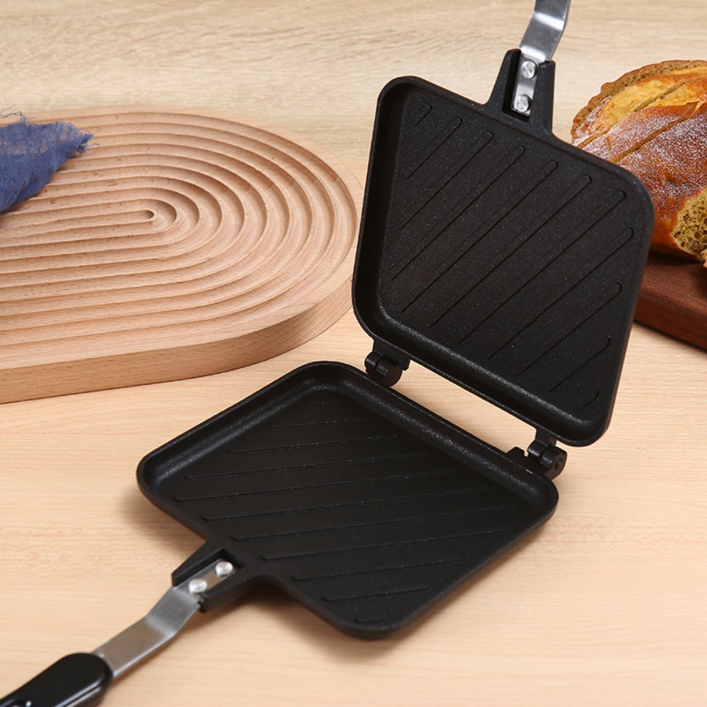 Olib tashlanadigan egilgan sendvich tayyorlash panasi, ikki tomonlama isitish bilan, 1000W alyuminiy kvadrat grill, nonushta sendvichlari, grill, tuxum, pancake uchun. Mashina yuvish uchun mos, batareyalar talab qilinmaydi.