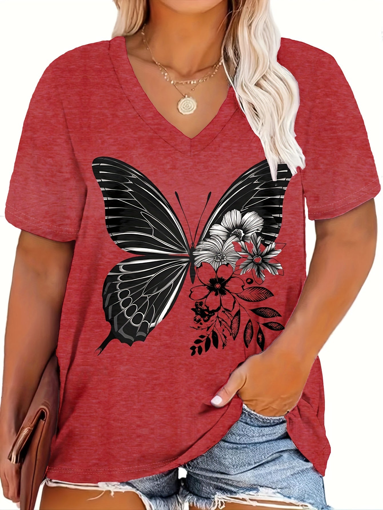 Plus Size Women's Butterfly Print V-Neck T-Shirt Casual Summer Loose Fit Top