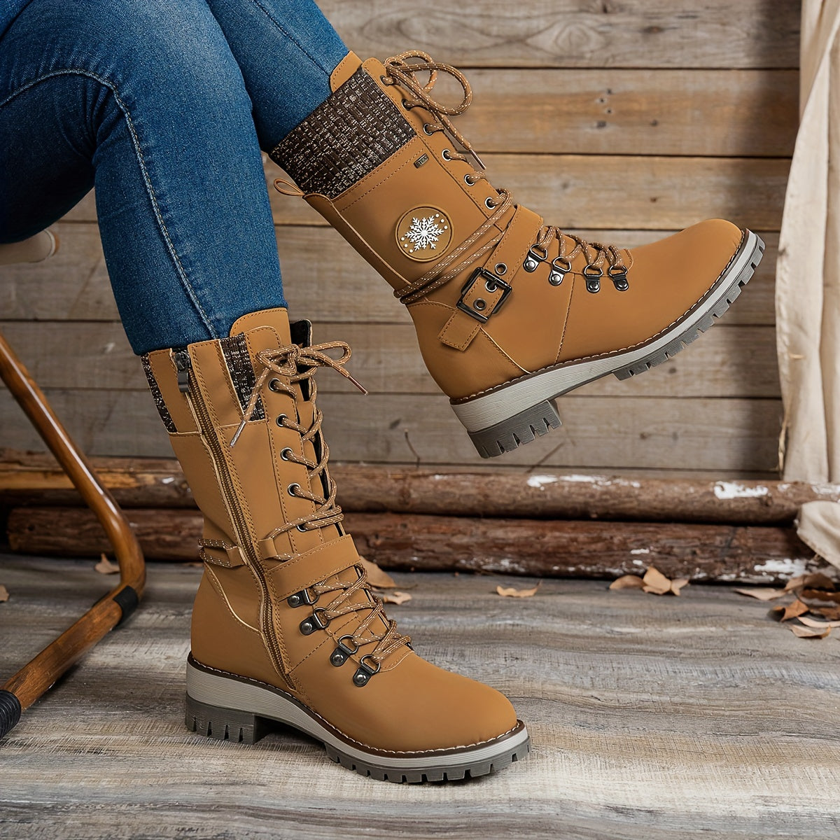 Women's Knitted Splicing Mid Calf Boots Lace Up Side Zipper Chunky Heeled Outdoor