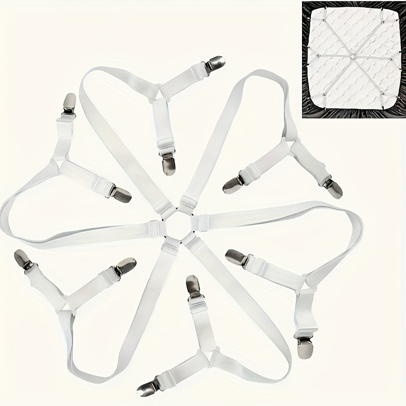 Adjustable Elastic Bed Sheet Strap with 12 Non-Slip Clips White