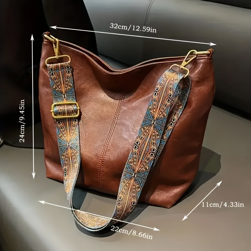 Women's Boho Chic Shoulder Bag Large Capacity Vintage Wide Strap Crossbody Tote for Casual Use