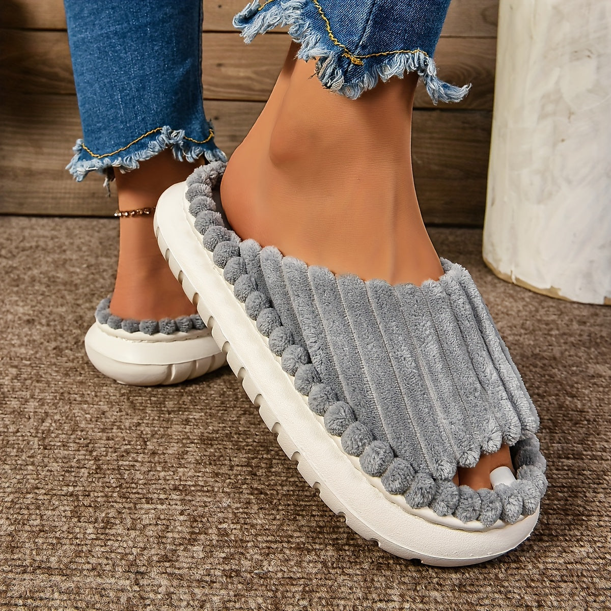Women's Plush Half Toe Cap Slippers Warm Indoor Non-Slip EVA Sole