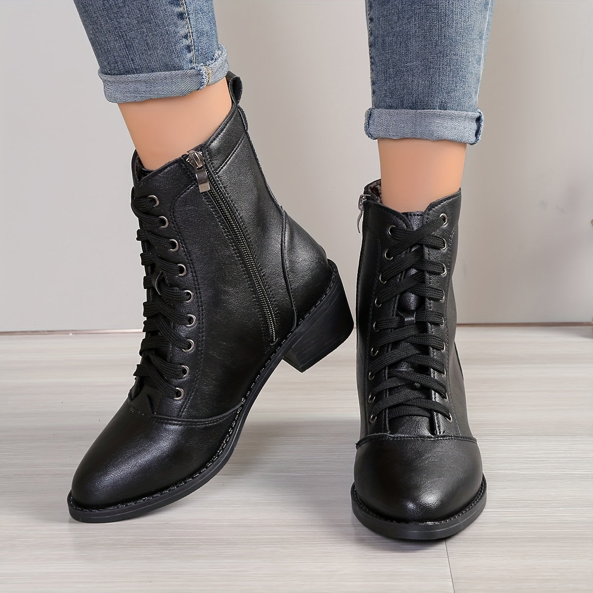 Women's Velvet Lined Mid-Heel Combat Boots with Side Zip and Chunky Heel