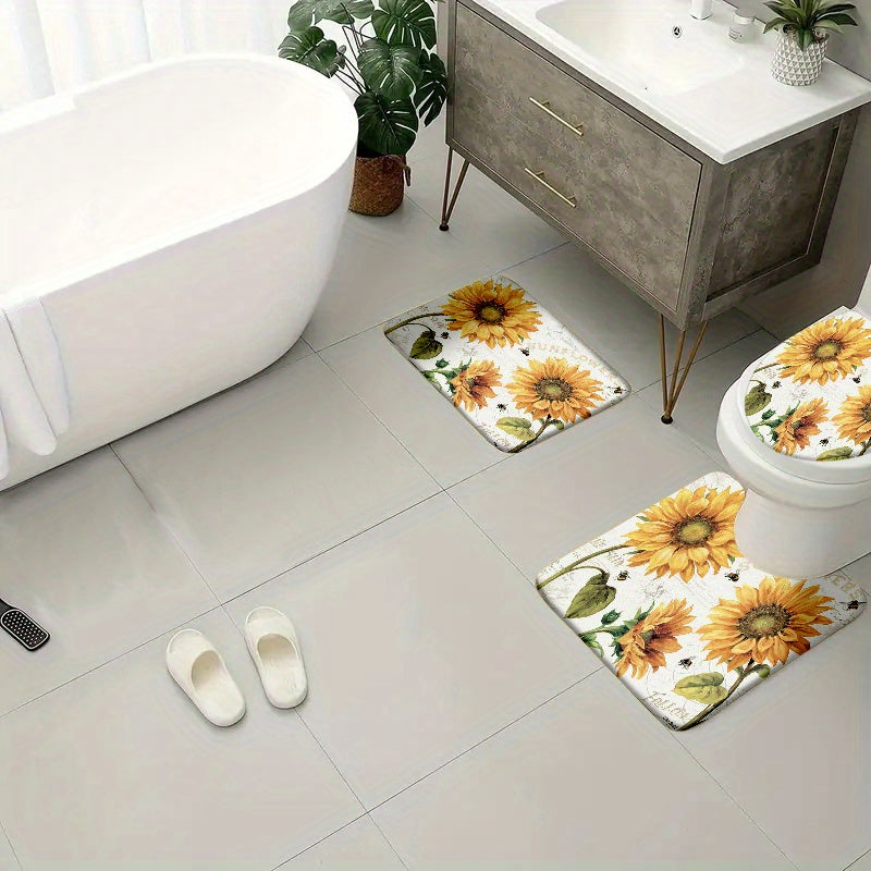 Juego de 4 alfombrillas de baño de terciopelo antideslizantes con patrones de hoja, flor, ola y madera, incluyendo alfombra y funda para inodoro