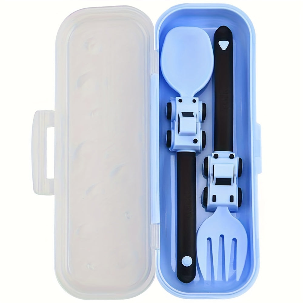 Kids' Cartoon Truck Fork and Spoon Set Non-Toxic Easy-Hold Feeding Utensils in Various Colors