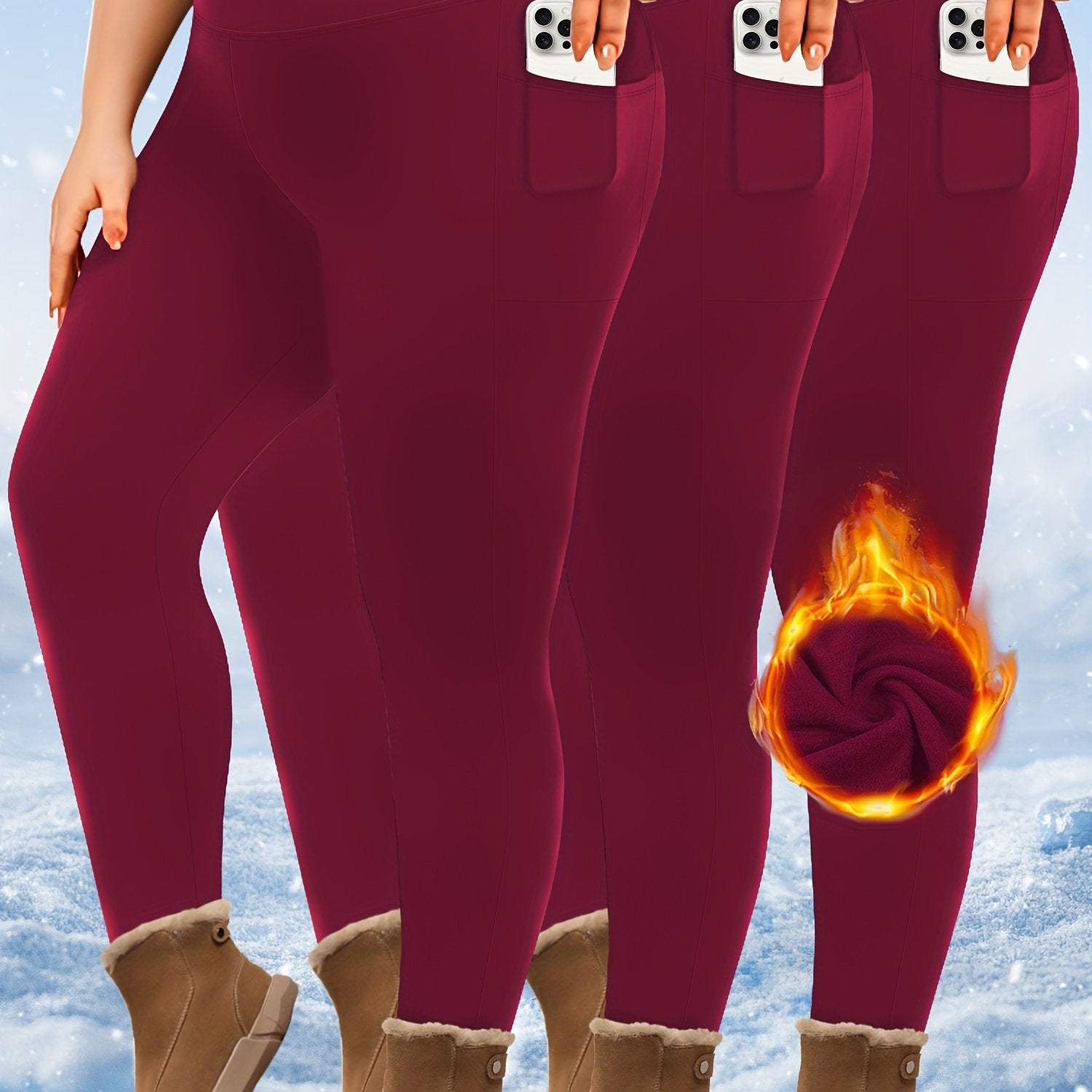 Plus Size High-Waist Fleece-Lined Leggings with Pockets for AutumnWinter Black Gray Burgundy